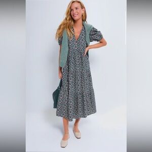 Tuckernuck Hyacinth House Green & Pink Floral Tiered Sadie Midi Dress - Size L